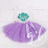 2nd Birthday Mermaid Outfit Aqua Shell & "TWO" on Purple Polka Dot Sleeveless Dress - Grace and Lucille