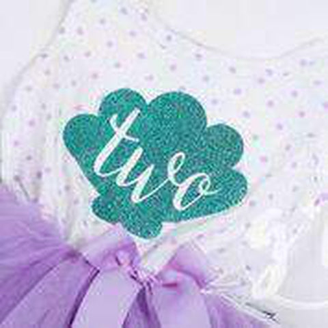 2nd Birthday Mermaid Outfit Aqua Shell & "TWO" on Purple Polka Dot Sleeveless Dress - Grace and Lucille