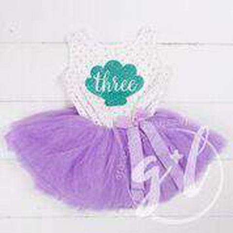 3rd Birthday Mermaid Outfit Aqua Shell & "THREE" on Purple Polka Dot Sleeveless Dress - Grace and Lucille