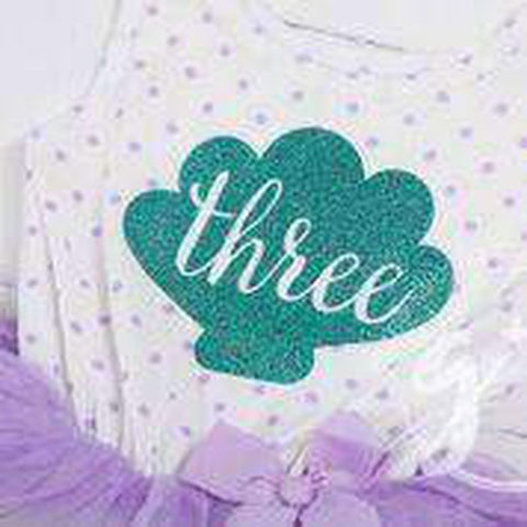 3rd Birthday Mermaid Outfit Aqua Shell & "THREE" on Purple Polka Dot Sleeveless Dress - Grace and Lucille