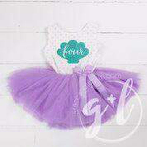 4th Birthday Mermaid Outfit Aqua Shell & "FOUR" on Purple Polka Dot Sleeveless Dress - Grace and Lucille