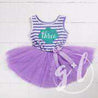 3rd Birthday Mermaid Dress Aqua Shell "THREE" on Purple Striped Sleeveless Dress - Grace and Lucille
