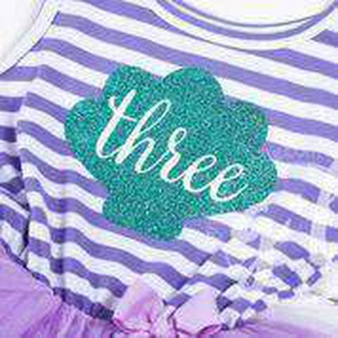 3rd Birthday Mermaid Dress Aqua Shell "THREE" on Purple Striped Sleeveless Dress - Grace and Lucille