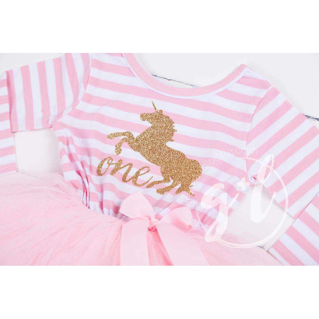 1st Birthday Dress Gold Unicorn " ONE" Pink Striped Longsleeve - Grace and Lucille