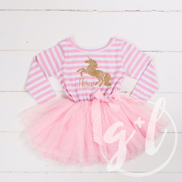 3rd Birthday Dress Gold Unicorn "THREE" Pink Striped Longsleeve - Grace and Lucille