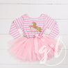 3rd Birthday Dress Gold Unicorn "THREE" Pink Striped Longsleeve - Grace and Lucille