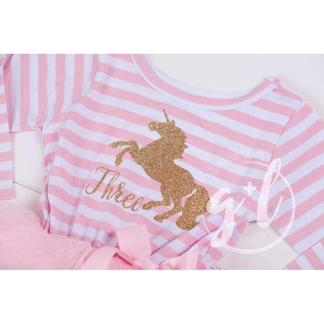 3rd Birthday Dress Gold Unicorn "THREE" Pink Striped Longsleeve - Grace and Lucille