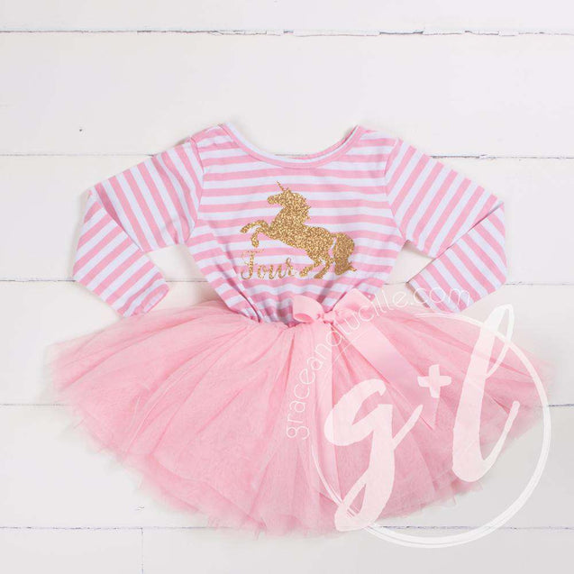 4th Birthday Dress Gold Unicorn "FOUR" Pink Striped Longsleeve - Grace and Lucille