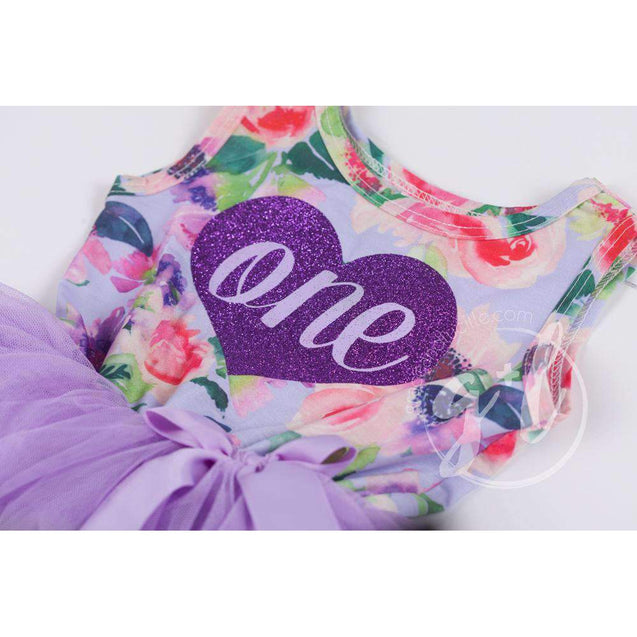 First Birthday Purple Floral with heart, Party Outfit Lavender Floral Sleeveless Tutu Dress - Grace and Lucille