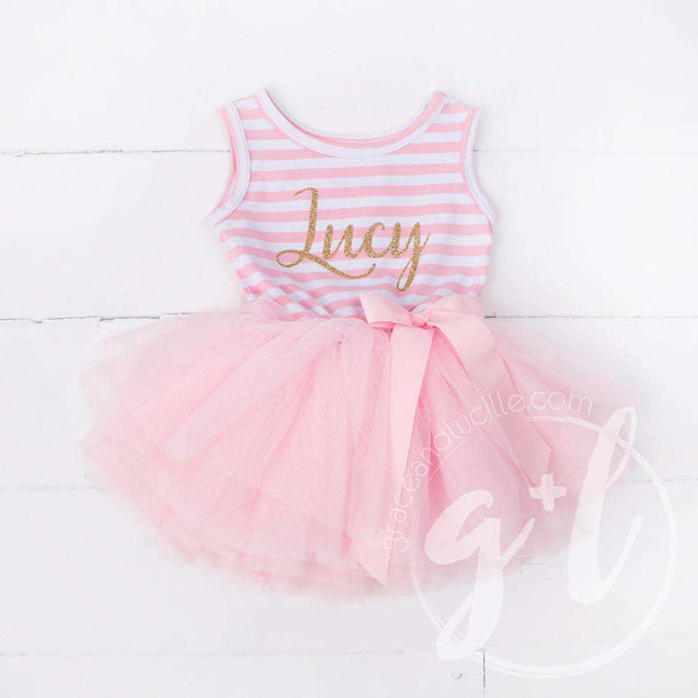 Personalized Name in Gold Script on Pink Striped Sleeveless Dress - Grace and Lucille