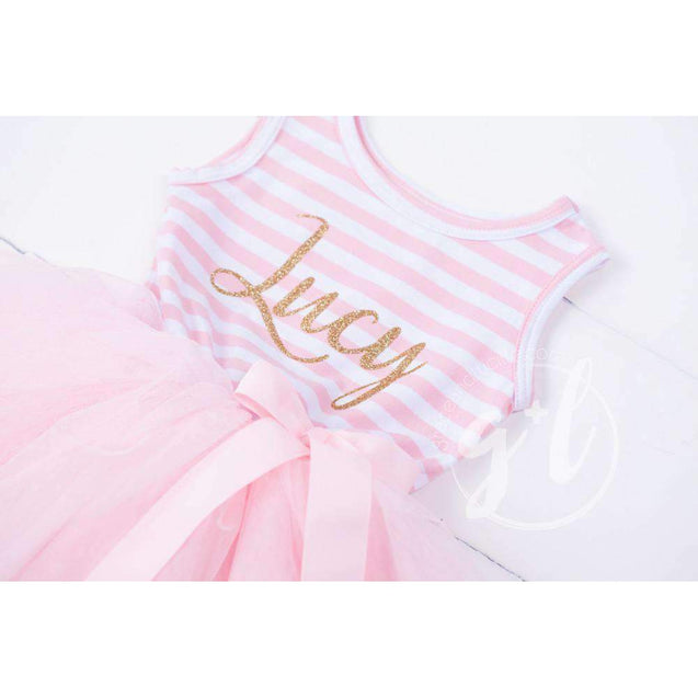 Personalized Name in Gold Script on Pink Striped Sleeveless Dress - Grace and Lucille