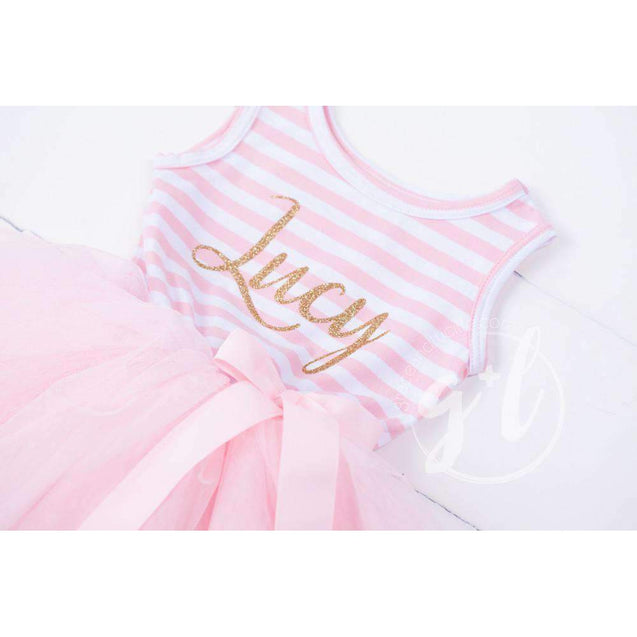 Personalized Name in Gold Script on Pink Striped Long Sleeve Dress - Grace and Lucille