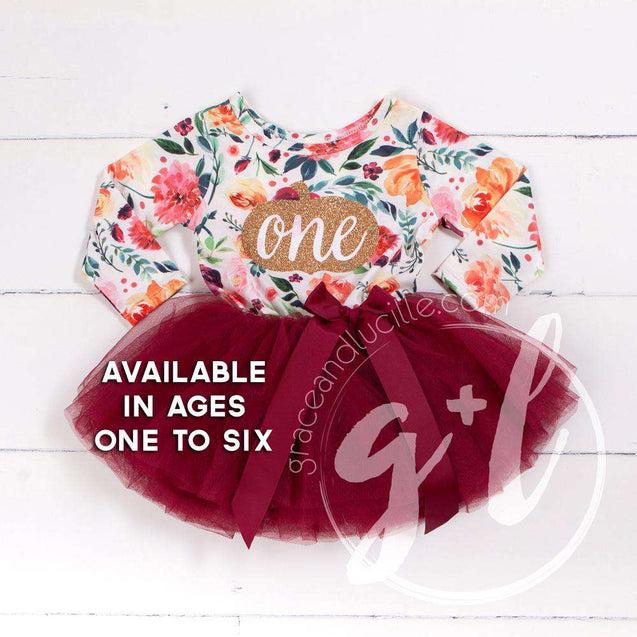 1st Birthday Dress pumpkin Gold "ONE" Fall Floral Long Sleeve Dress Combo with Pink Party Hat - Grace and Lucille