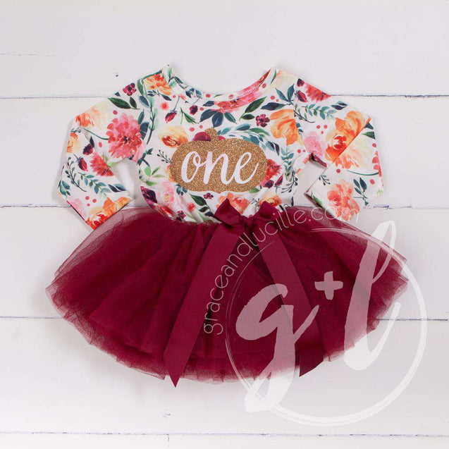 1st Birthday Dress pumpkin Gold "ONE" Fall Floral Long Sleeve Dress Combo with Pink Party Hat - Grace and Lucille