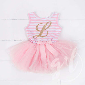 Grand Monogram Gold Script on Pink Striped Sleeveless Dress - Grace and Lucille