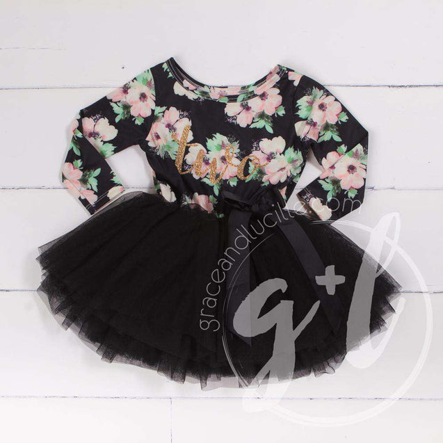 2nd Birthday Dress Black and Blush floral with Gold "TWO Long Sleeve Dress Combo with Pink Party Hat - Grace and Lucille