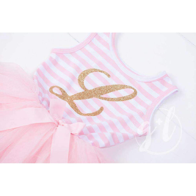 Grand Monogram Gold Script on Pink Striped Long Sleeve Dress - Grace and Lucille