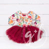 1st Birthday Dress Gold Script "ONE" Cranberry Floral Long Sleeve Dress Combo with Pink Party Hat - Grace and Lucille