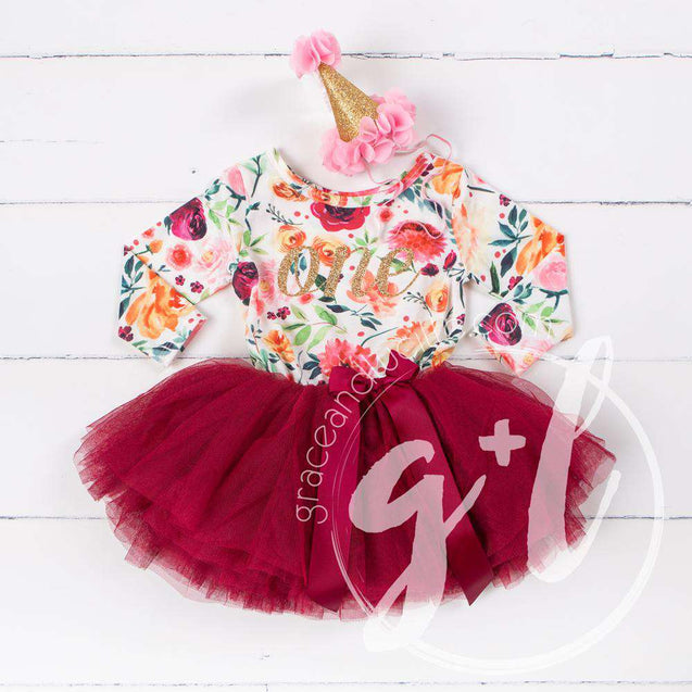 1st Birthday Dress Gold Script "ONE" Cranberry Floral Long Sleeve Dress Combo with Pink Party Hat - Grace and Lucille