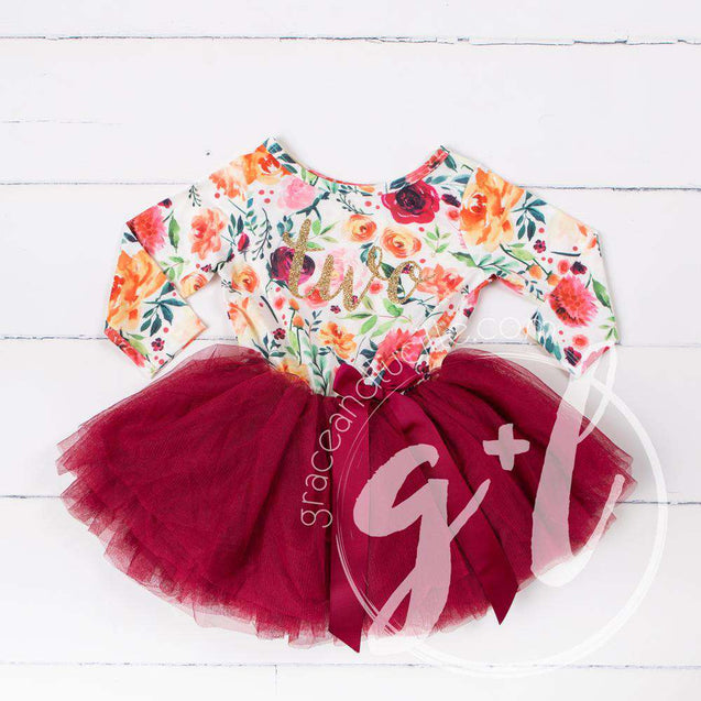 2nd Birthday Dress Gold Script "TWO" Cranberry Floral Long Sleeve Dress Combo with Pink Party Hat - Grace and Lucille