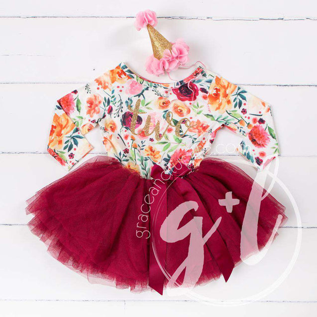 2nd Birthday Dress Gold Script "TWO" Cranberry Floral Long Sleeve Dress Combo with Pink Party Hat - Grace and Lucille
