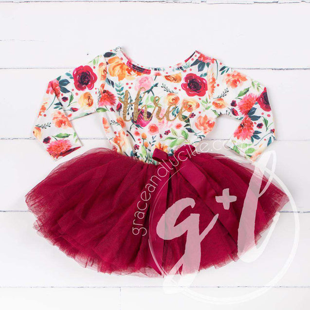 3rd Birthday Dress Gold Script "THREE" Cranberry Floral Long Sleeve Dress Combo with Pink Party Hat - Grace and Lucille