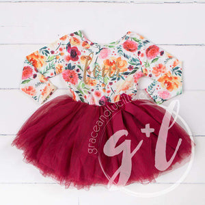 4th Birthday Dress Gold Script "FOUR" Cranberry Floral Long Sleeve Dress Combo with Pink Party Hat - Grace and Lucille