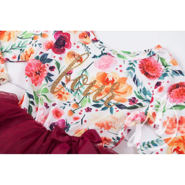 4th Birthday Dress Gold Script "FOUR" Cranberry Floral Long Sleeve Dress Combo with Pink Party Hat - Grace and Lucille