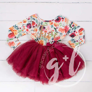 5th Birthday Dress Gold Script "FIVE" Cranberry Floral Long Sleeve Dress Combo with Pink Party Hat - Grace and Lucille