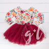 6th Birthday Dress Gold Script "SIX" Cranberry Floral Long Sleeve Dress Combo with Pink Party Hat - Grace and Lucille