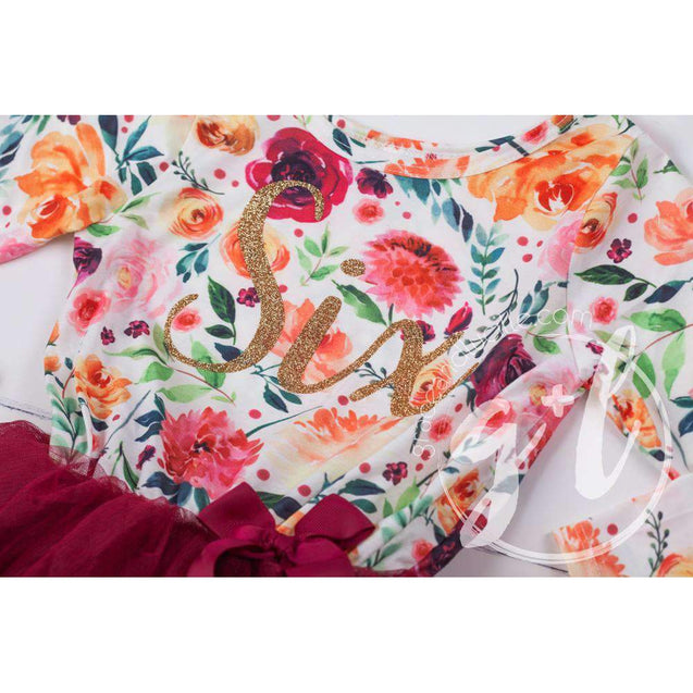 6th Birthday Dress Gold Script "SIX" Cranberry Floral Long Sleeve Dress Combo with Pink Party Hat - Grace and Lucille