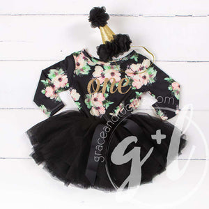 1st Birthday Dress Gold "ONE" Script Black Floral Long Sleeve Dress Combo with Gold Party Hat - Grace and Lucille