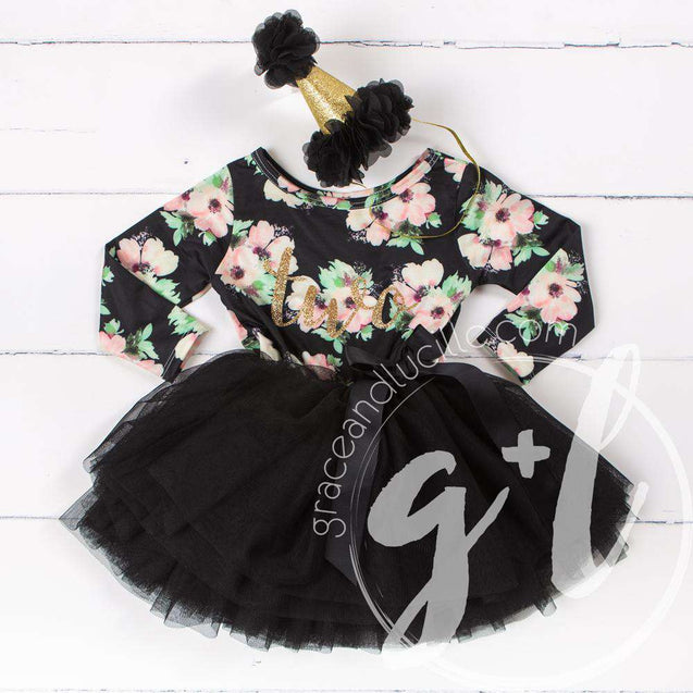 2nd Birthday Dress Gold "TWO" Script Black Floral Long Sleeve Dress Combo with Gold Party Hat - Grace and Lucille
