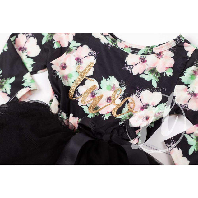 2nd Birthday Dress Gold "TWO" Script Black Floral Long Sleeve Dress Combo with Gold Party Hat - Grace and Lucille
