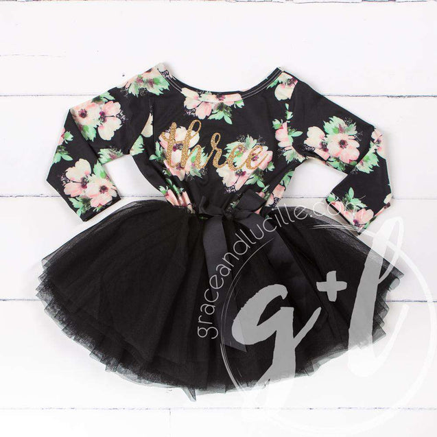3rd Birthday Dress Gold "THREE" Script Black Floral Long Sleeve Dress Combo with Gold Party Hat - Grace and Lucille