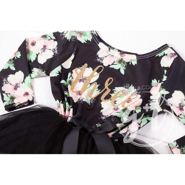 3rd Birthday Dress Gold "THREE" Script Black Floral Long Sleeve Dress Combo with Gold Party Hat - Grace and Lucille