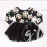 4th Birthday Dress Gold "FOUR" Script Black Floral Long Sleeve Dress Combo with Gold Party Hat - Grace and Lucille