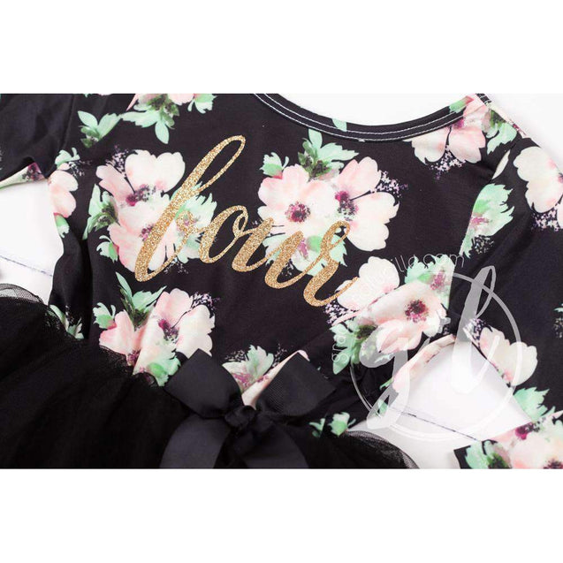 4th Birthday Dress Gold "FOUR" Script Black Floral Long Sleeve Dress Combo with Gold Party Hat - Grace and Lucille