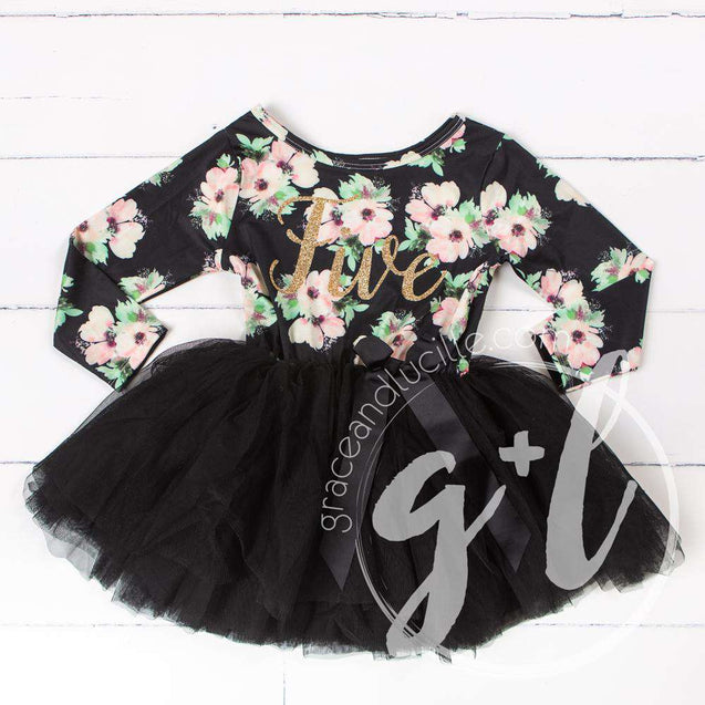 5th Birthday Dress Gold "FIVE" Script Black Floral Long Sleeve Dress Combo with Gold Party Hat - Grace and Lucille