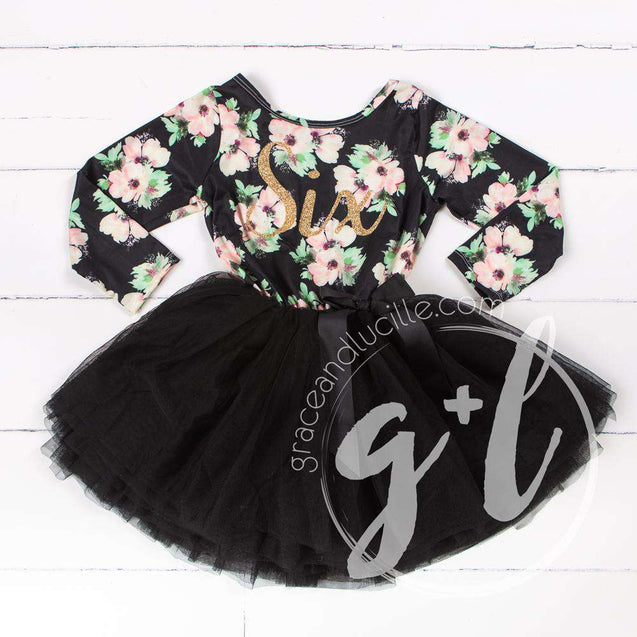 6th Birthday Dress Gold "SIX" Script Black Floral Long Sleeve Dress Combo with Gold Party Hat - Grace and Lucille