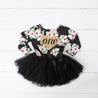 1st Birthday Dress Heart of Gold "ONE" Black Floral Long Sleeve Dress Combo with Gold Party Hat