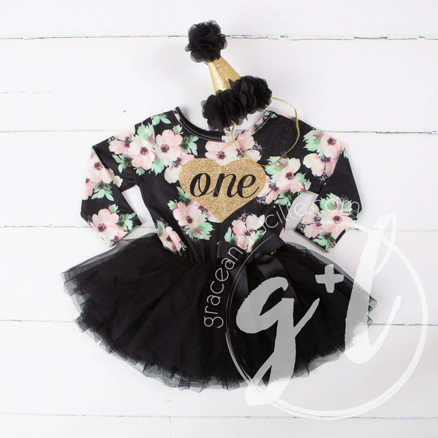 1st Birthday Dress Heart of Gold "ONE" Black Floral Long Sleeve Dress Combo with Gold Party Hat - Grace and Lucille