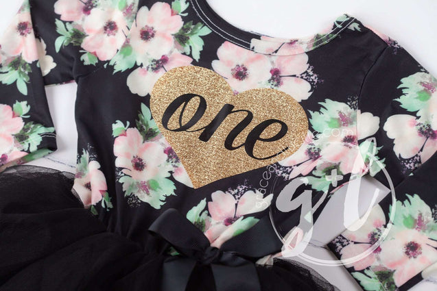 1st Birthday Dress Heart of Gold "ONE" Black Floral Long Sleeve Dress Combo with Gold Party Hat - Grace and Lucille