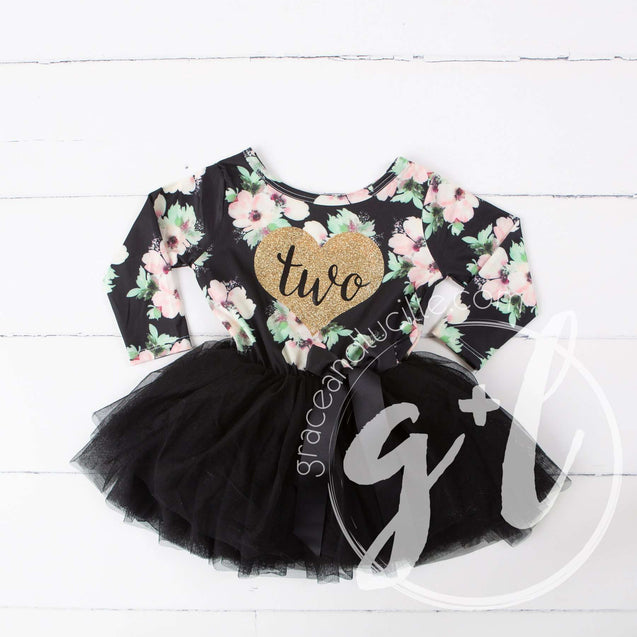 2nd Birthday Dress Heart of Gold "TWO" Black Floral Long Sleeve Dress Combo with Gold Party Hat - Grace and Lucille