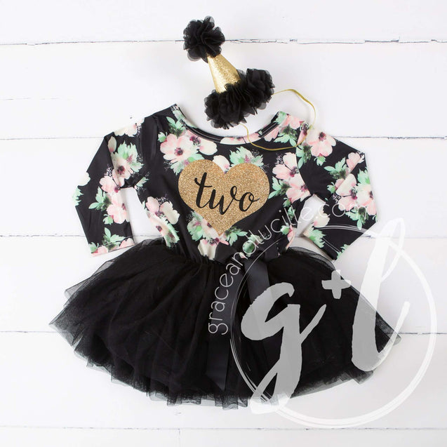 2nd Birthday Dress Heart of Gold "TWO" Black Floral Long Sleeve Dress Combo with Gold Party Hat - Grace and Lucille