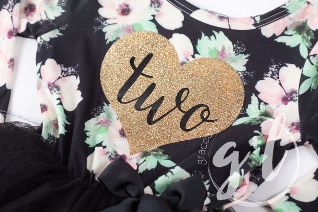 2nd Birthday Dress Heart of Gold "TWO" Black Floral Long Sleeve Dress Combo with Gold Party Hat - Grace and Lucille