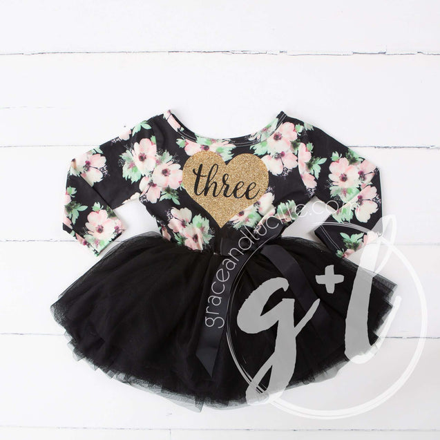 3rd Birthday Dress Heart of Gold "THREE" Black Floral Long Sleeve Dress Combo with Gold Party Hat - Grace and Lucille