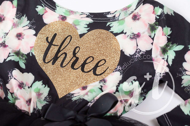3rd Birthday Dress Heart of Gold "THREE" Black Floral Long Sleeve Dress Combo with Gold Party Hat - Grace and Lucille