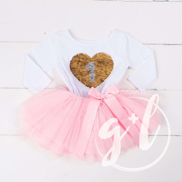 1st Birthday Outfit with FLIP Sequin Heart of Gold numeric ONE heart - Grace and Lucille