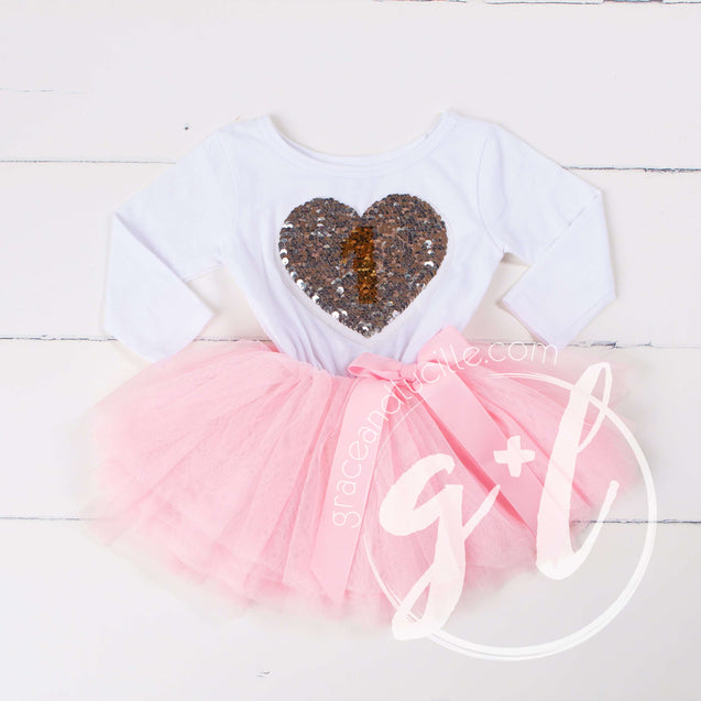 1st Birthday Outfit with FLIP Sequin Heart of Gold numeric ONE heart - Grace and Lucille